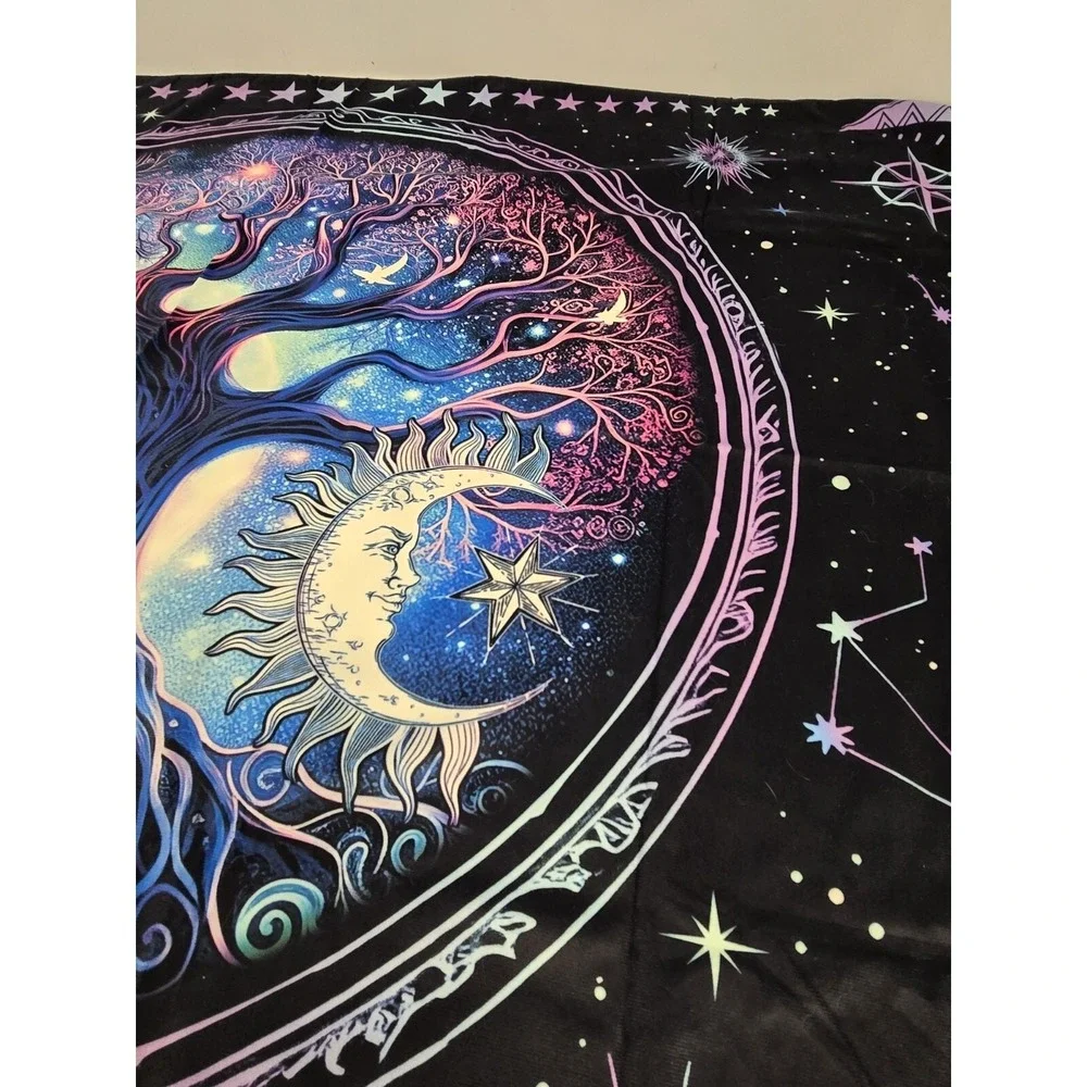 NEW Blacklight Tree of Life Trippy Sun and Moon Wall Tapestry Uv Reactive 60x39